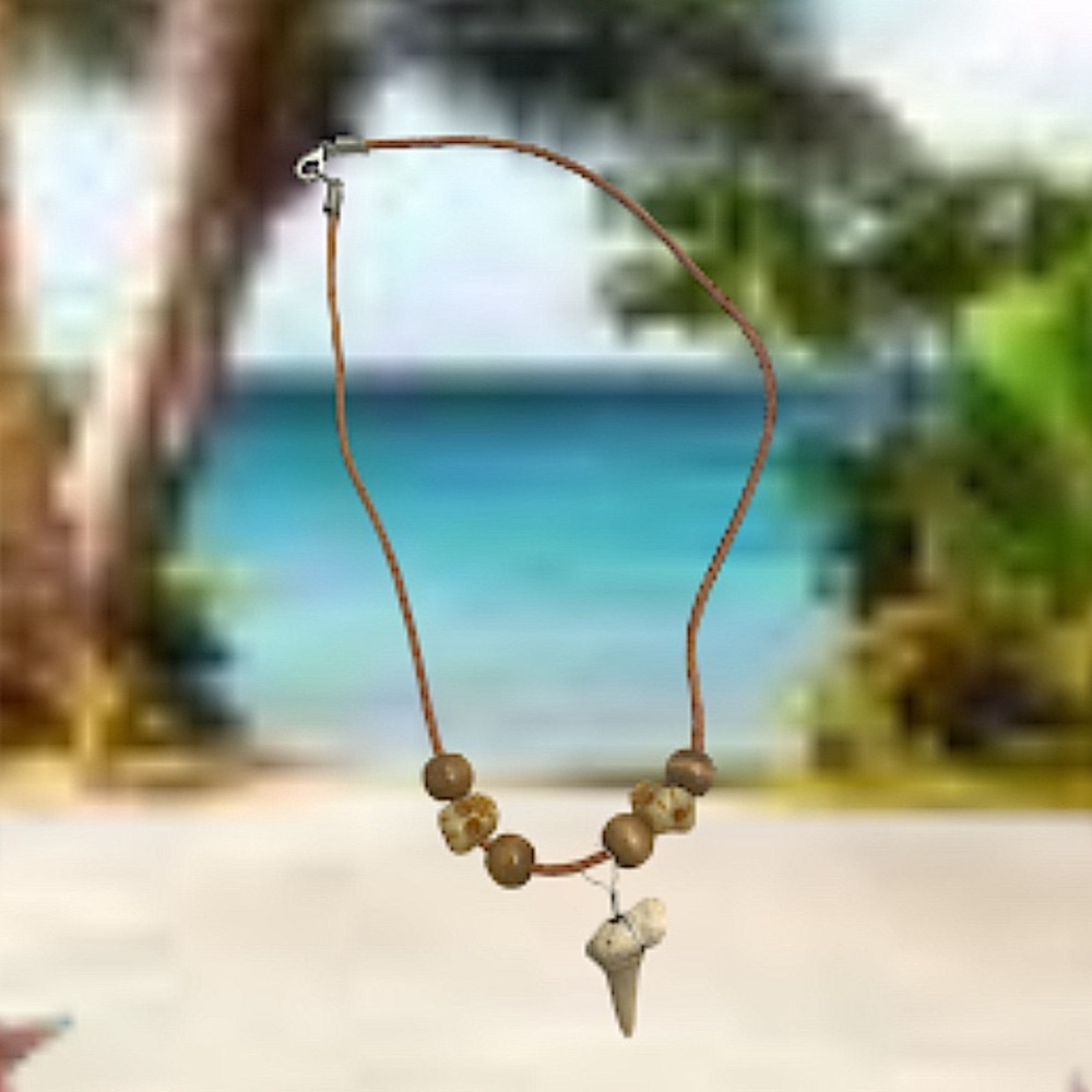 Vintage Authentic Shark’s Tooth Necklace. Leather Cord. Natural Beads. 18”.